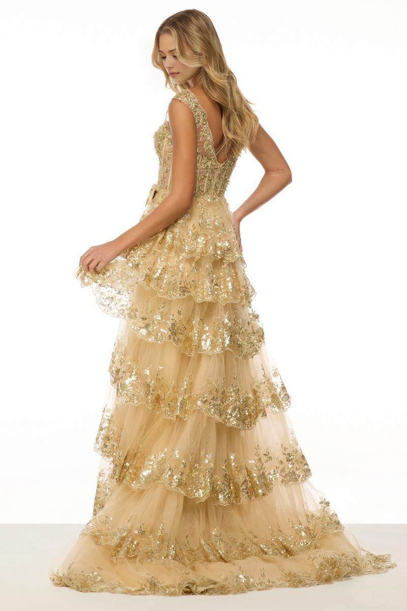 Weitese Dress Sparkle & Shine A-Line Boat Neck Sequins Party Dress Evening Dress Sweep/Brush Train Sleeveless Tiered Prom Dress